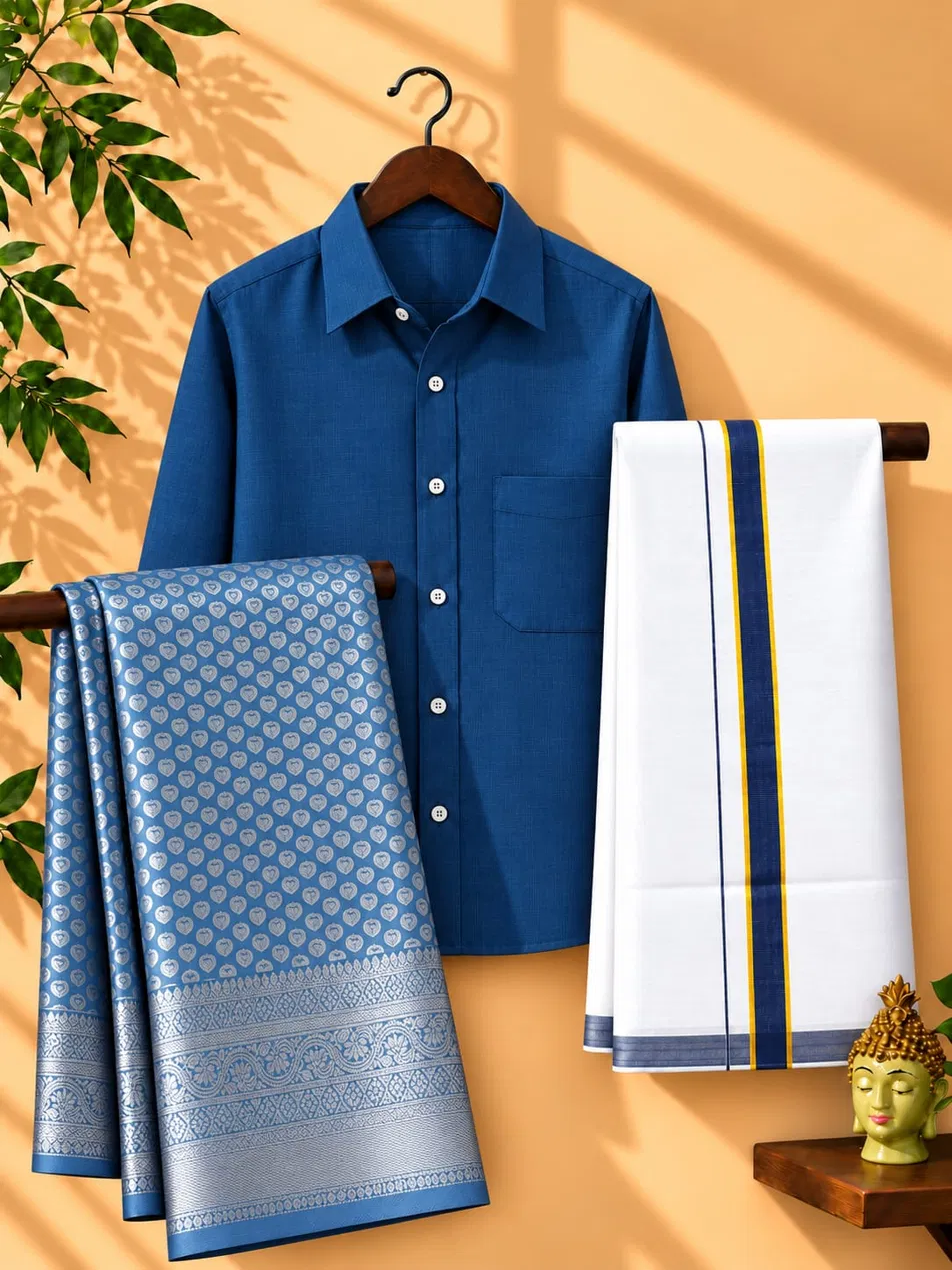 Cobalt Blue Silver Zari Couple Combo Set